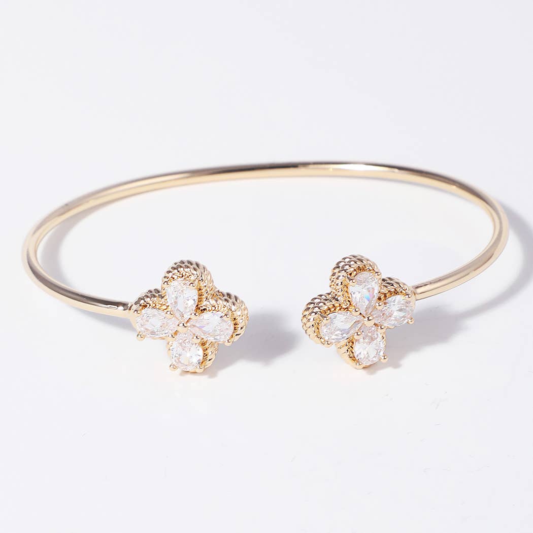 CZ 4-Leaf Clover Edge Solid Cuff Bangle Bracelet
