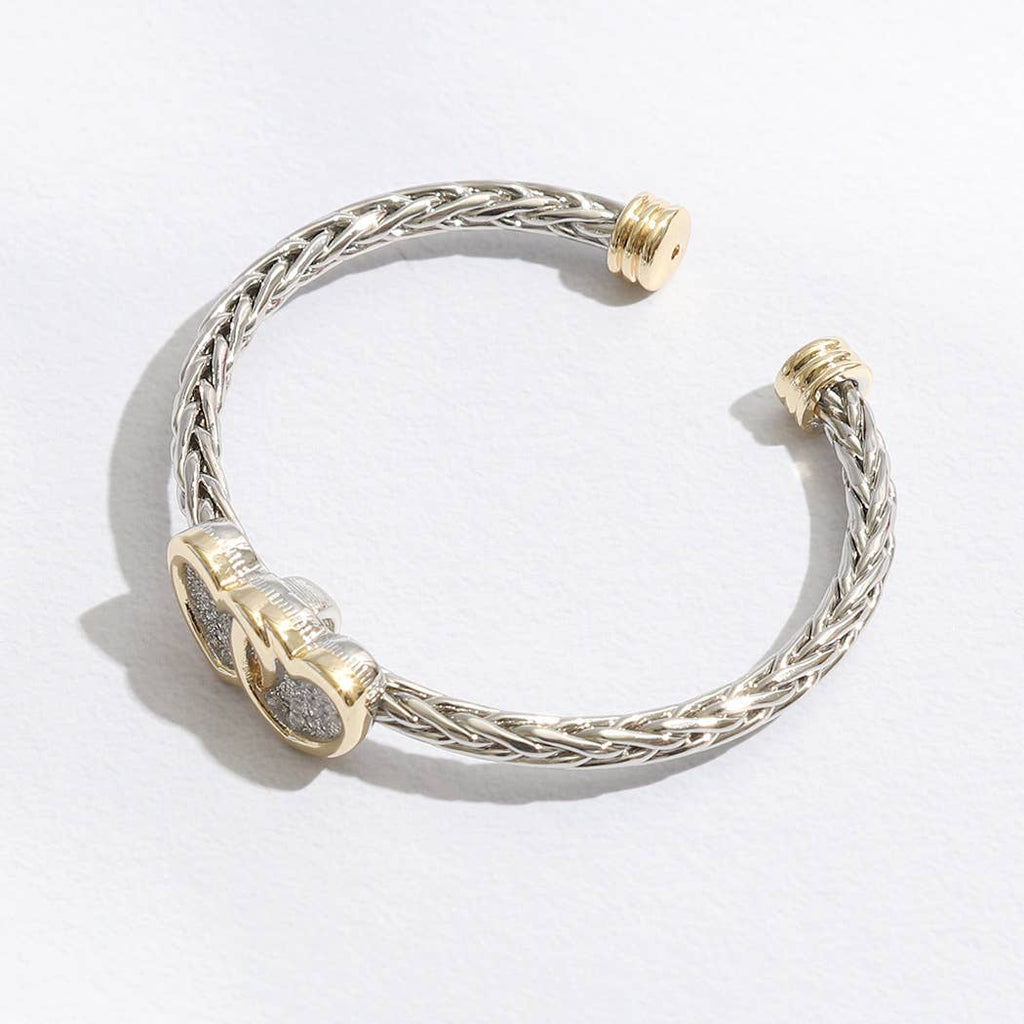 Two Heart Pave CZ Braided Bangle Bracelet