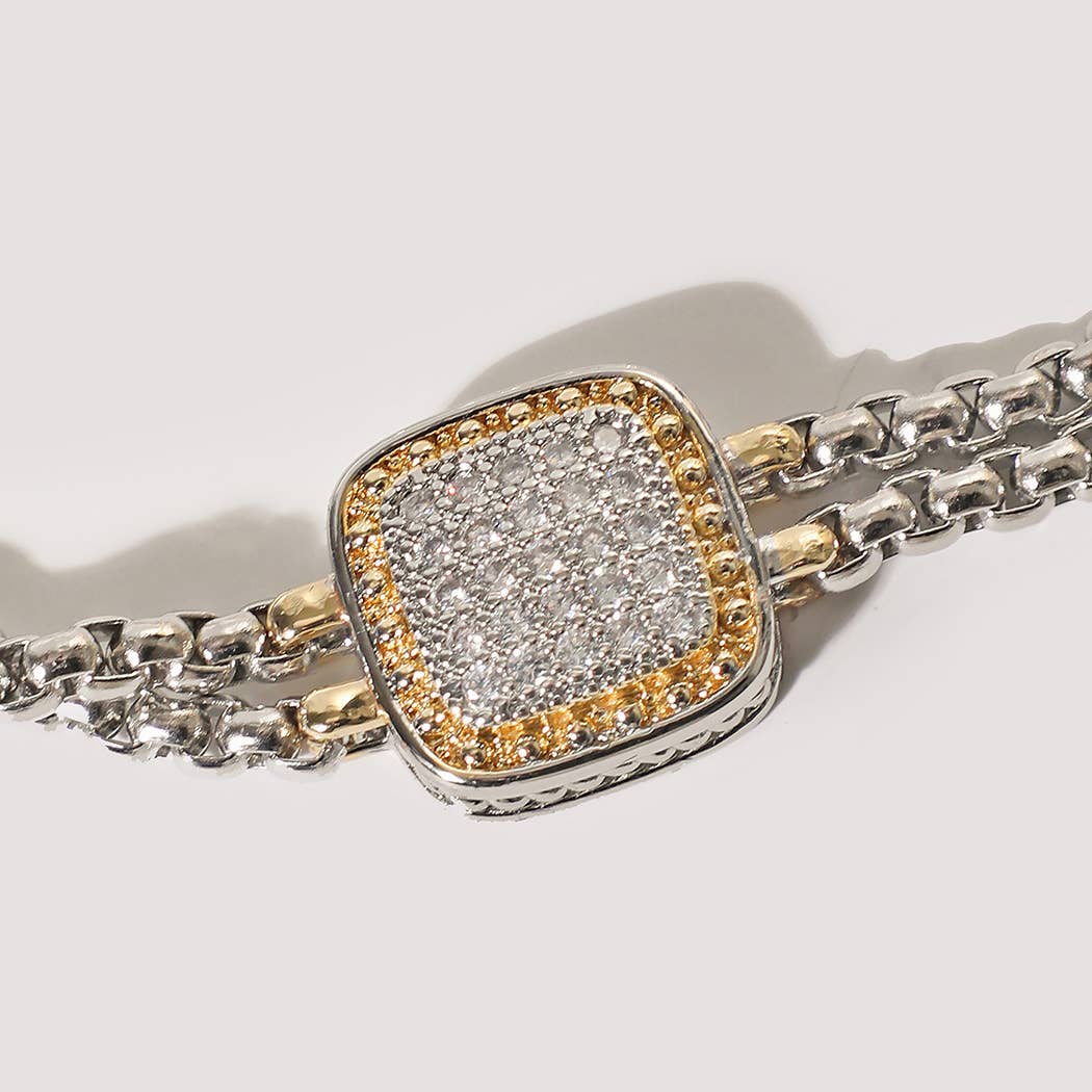 Two-Tone Box Chain Square CZ Pave Magnetic Bracelet