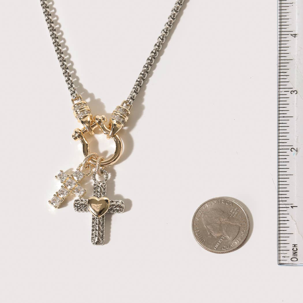 Double Cross CZ Pave Two-Tone Necklace