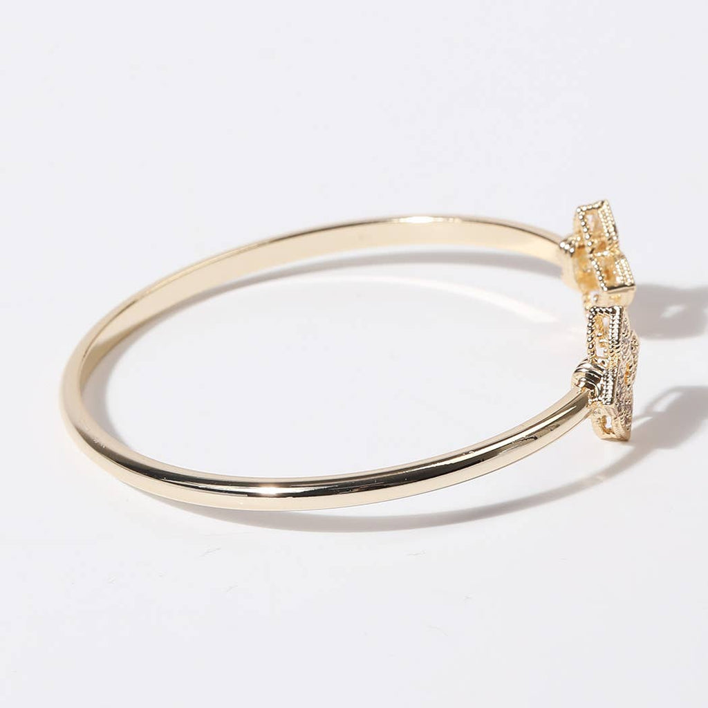 CZ Four Leaf Clover Gold Plated Cuff Bangle