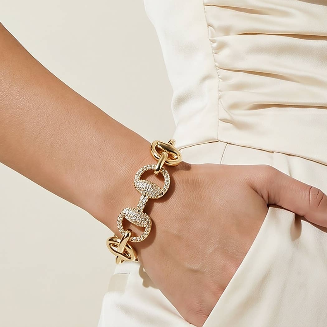 Gold Horsebit CZ Pave Link Bracelet
