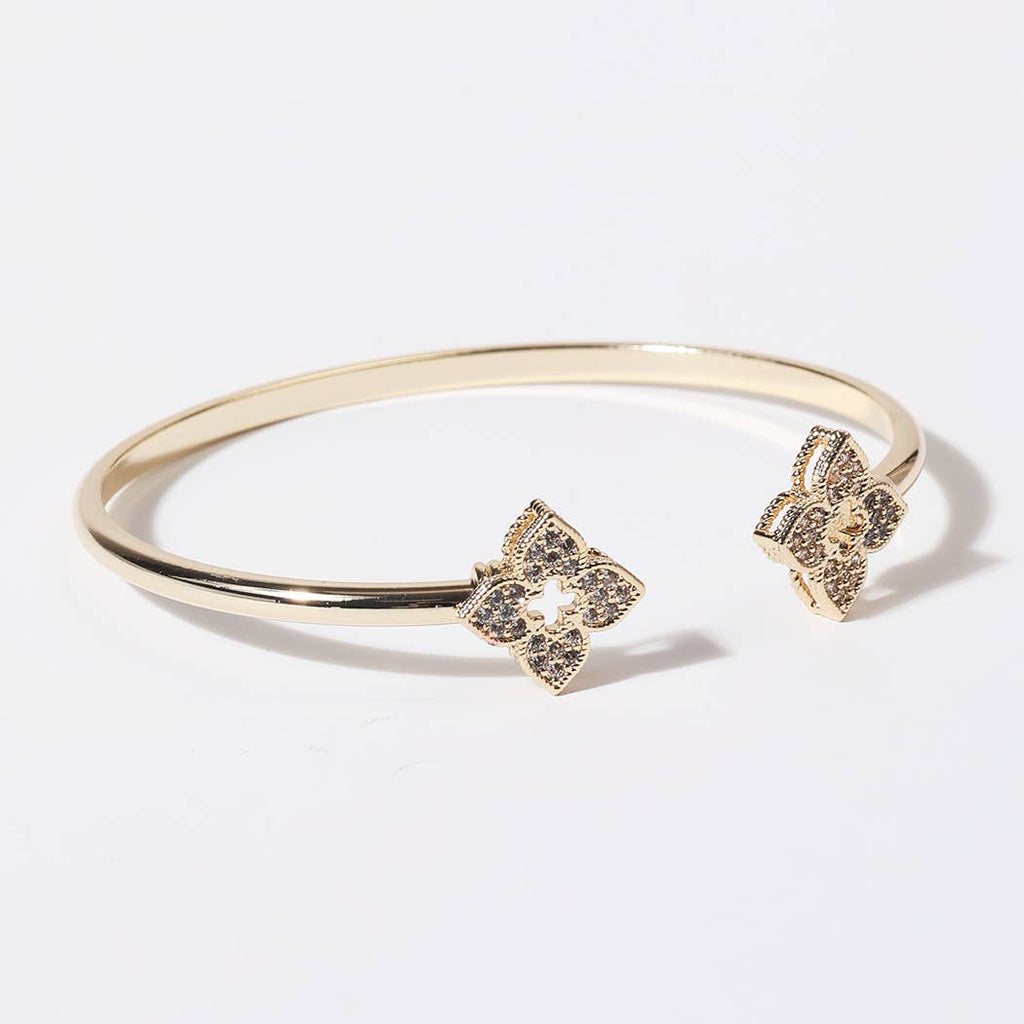 CZ Four Leaf Clover Gold Plated Cuff Bangle