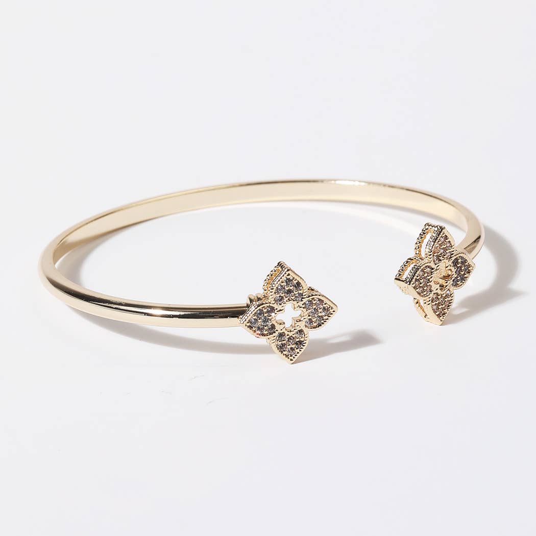 CZ Four Leaf Clover Gold Plated Cuff Bangle