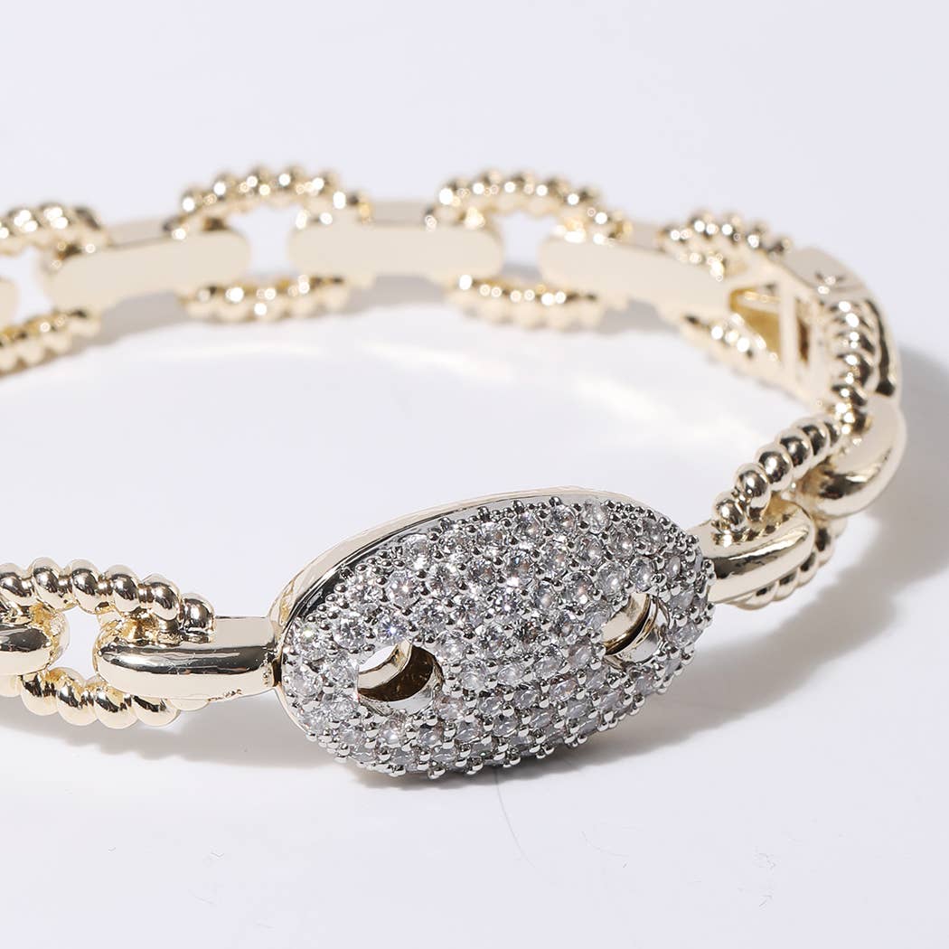 CZ Gold Link Bracelet with Pave Crystal Accent