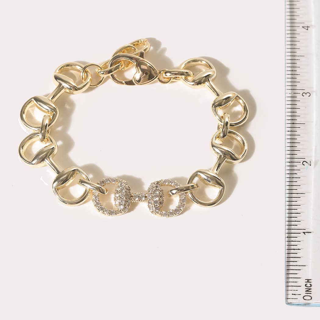 Gold Horsebit CZ Pave Link Bracelet