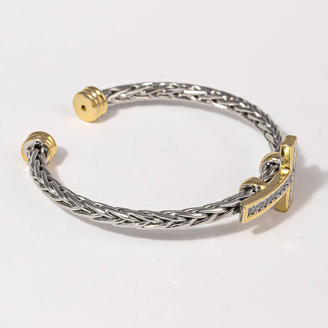 CZ Cross Design Two-Tone Braided Bangle Bracelet