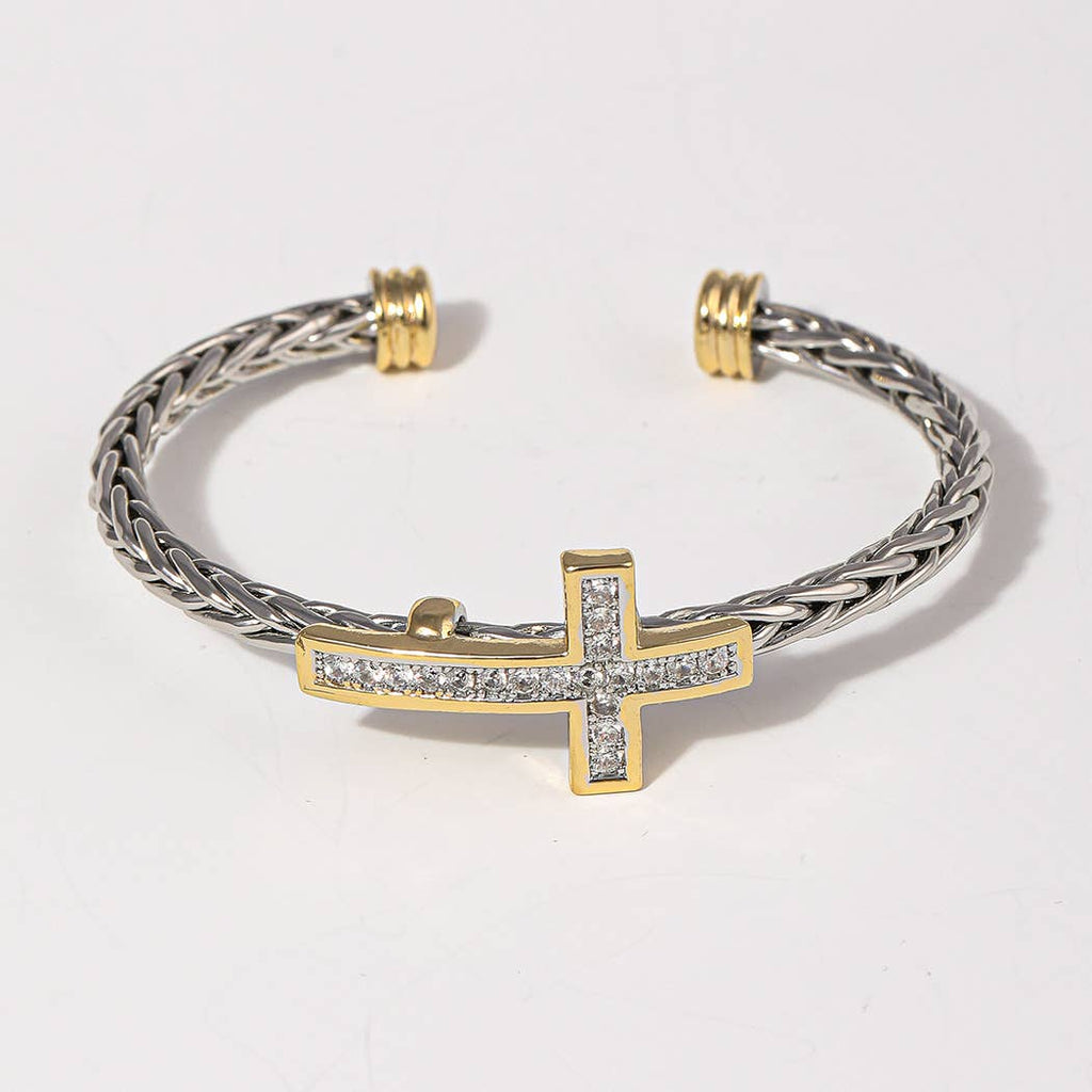 CZ Cross Design Two-Tone Braided Bangle Bracelet