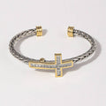 CZ Cross Design Two-Tone Braided Bangle Bracelet