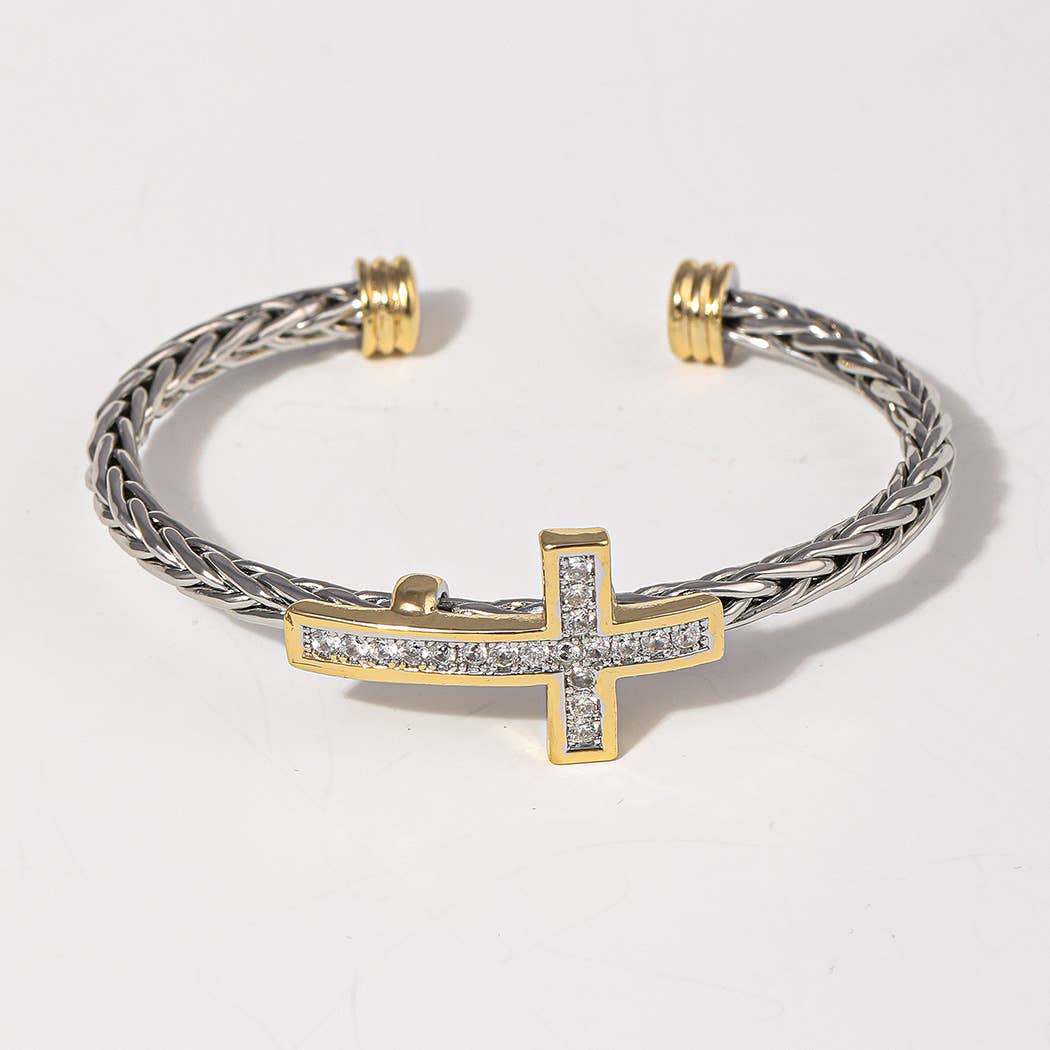 CZ Cross Design Two-Tone Braided Bangle Bracelet
