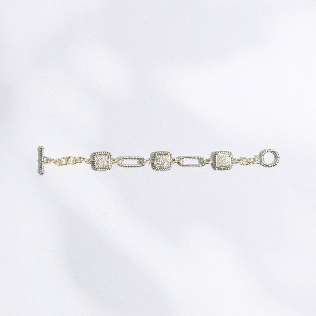 Mixes Chain and CZ Square Charms Toggle Bracelet