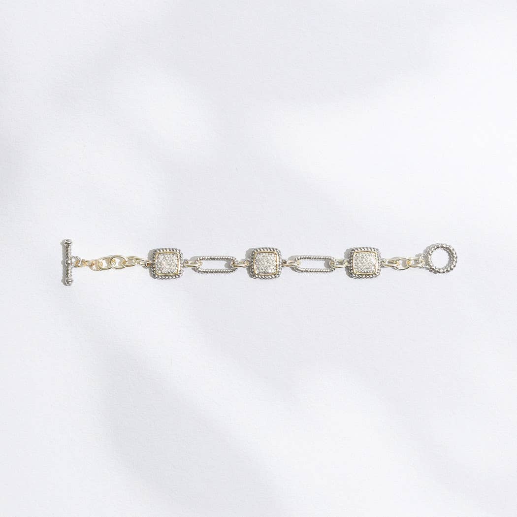 Mixes Chain and CZ Square Charms Toggle Bracelet