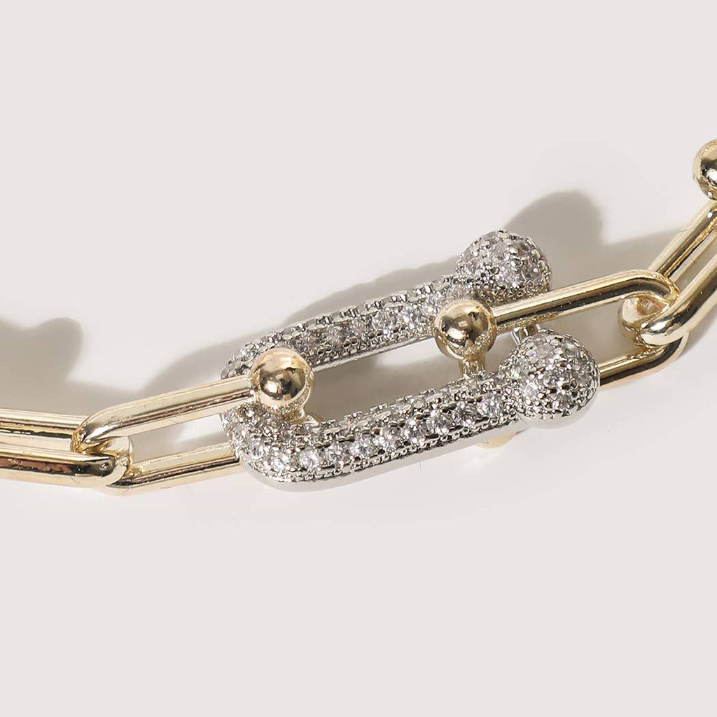 Two Tone Hardware Style CZ Pave Link Bracelet