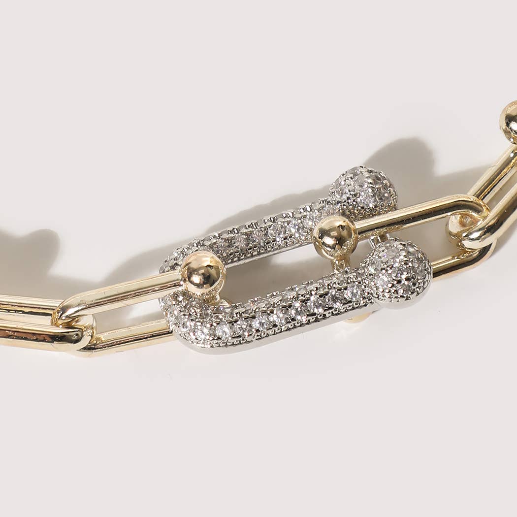 Two Tone Hardware Style CZ Pave Link Bracelet