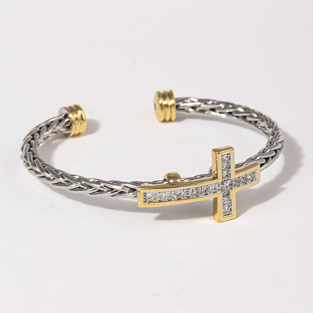 CZ Cross Design Two-Tone Braided Bangle Bracelet