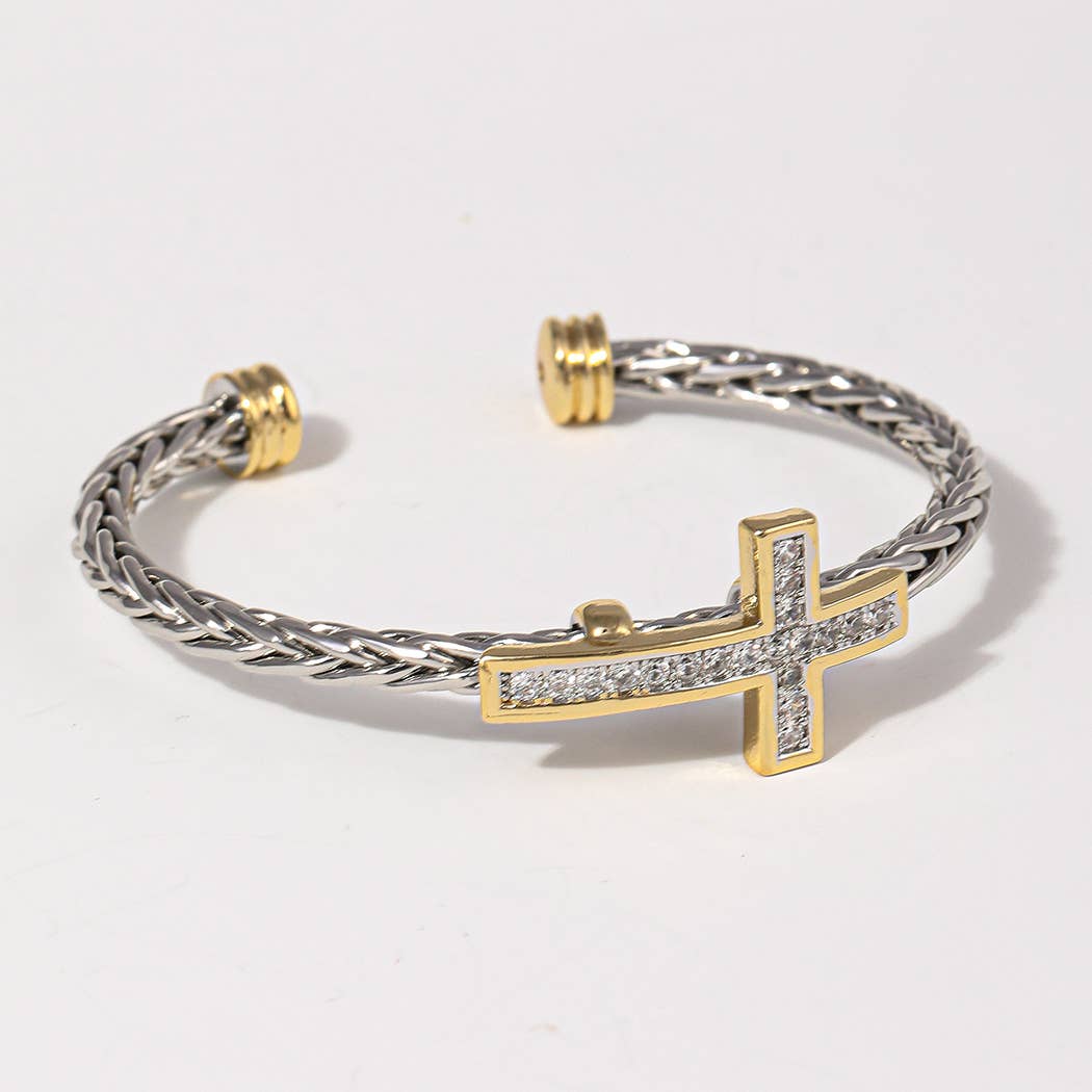 CZ Cross Design Two-Tone Braided Bangle Bracelet