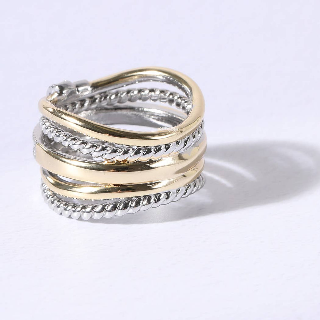 Crossover Wide Silver Gold CZ Stones Ring