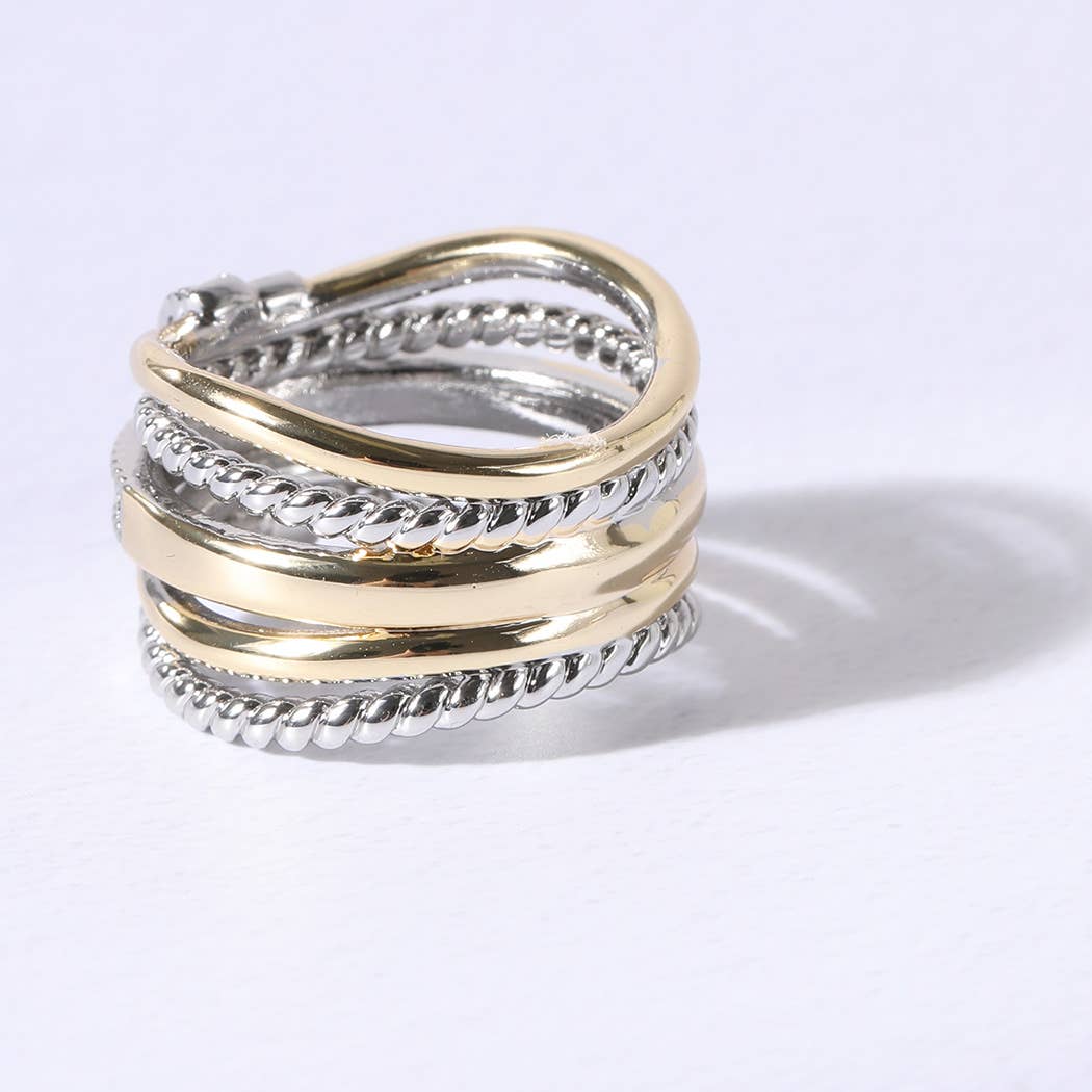 Crossover Wide Silver Gold CZ Stones Ring