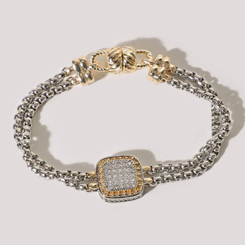 Two-Tone Box Chain Square CZ Pave Magnetic Bracelet