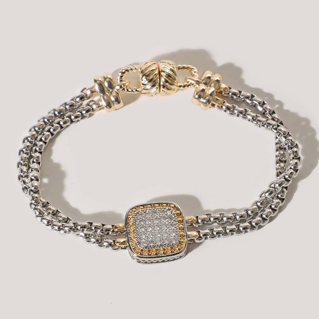 Two-Tone Box Chain Square CZ Pave Magnetic Bracelet