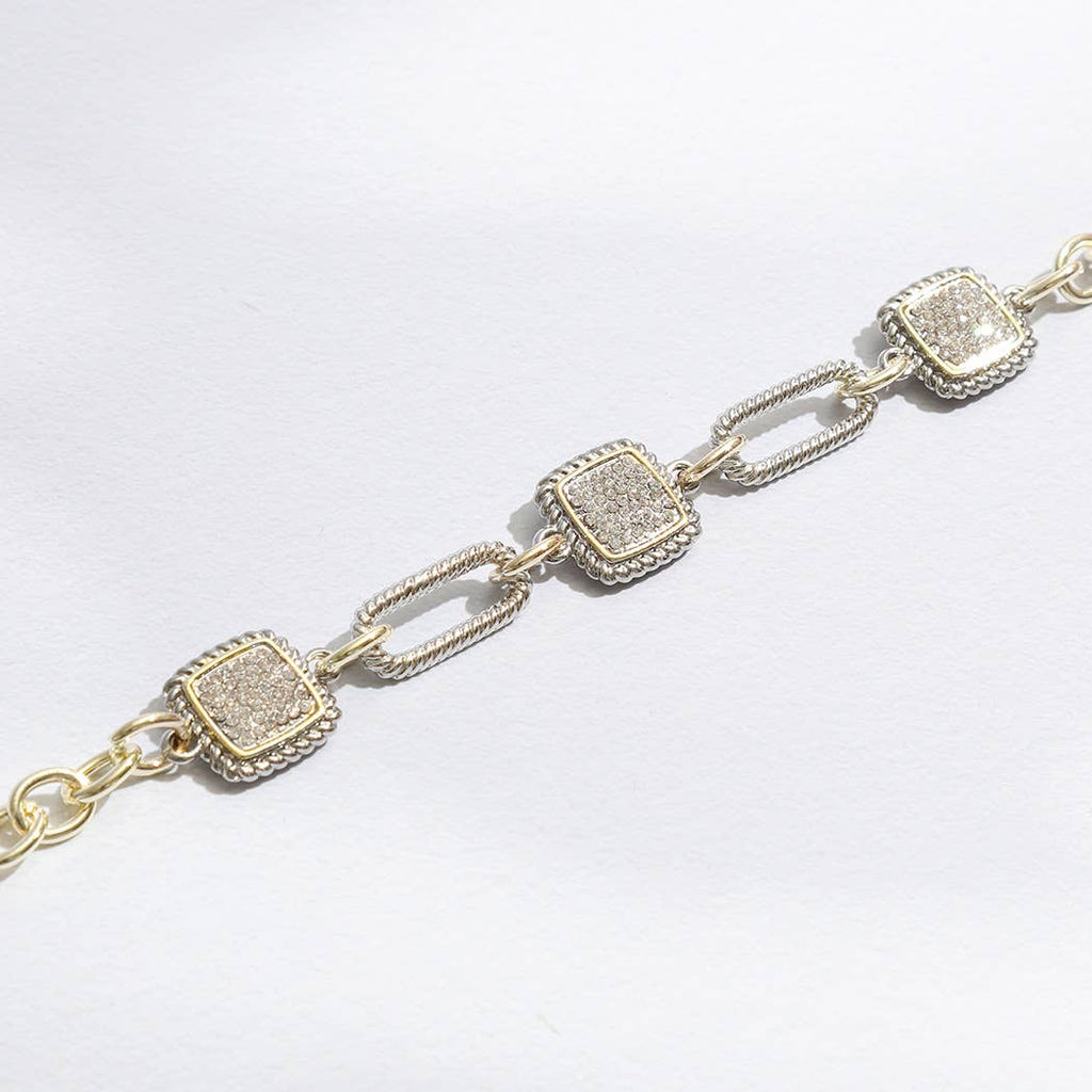 Mixes Chain and CZ Square Charms Toggle Bracelet