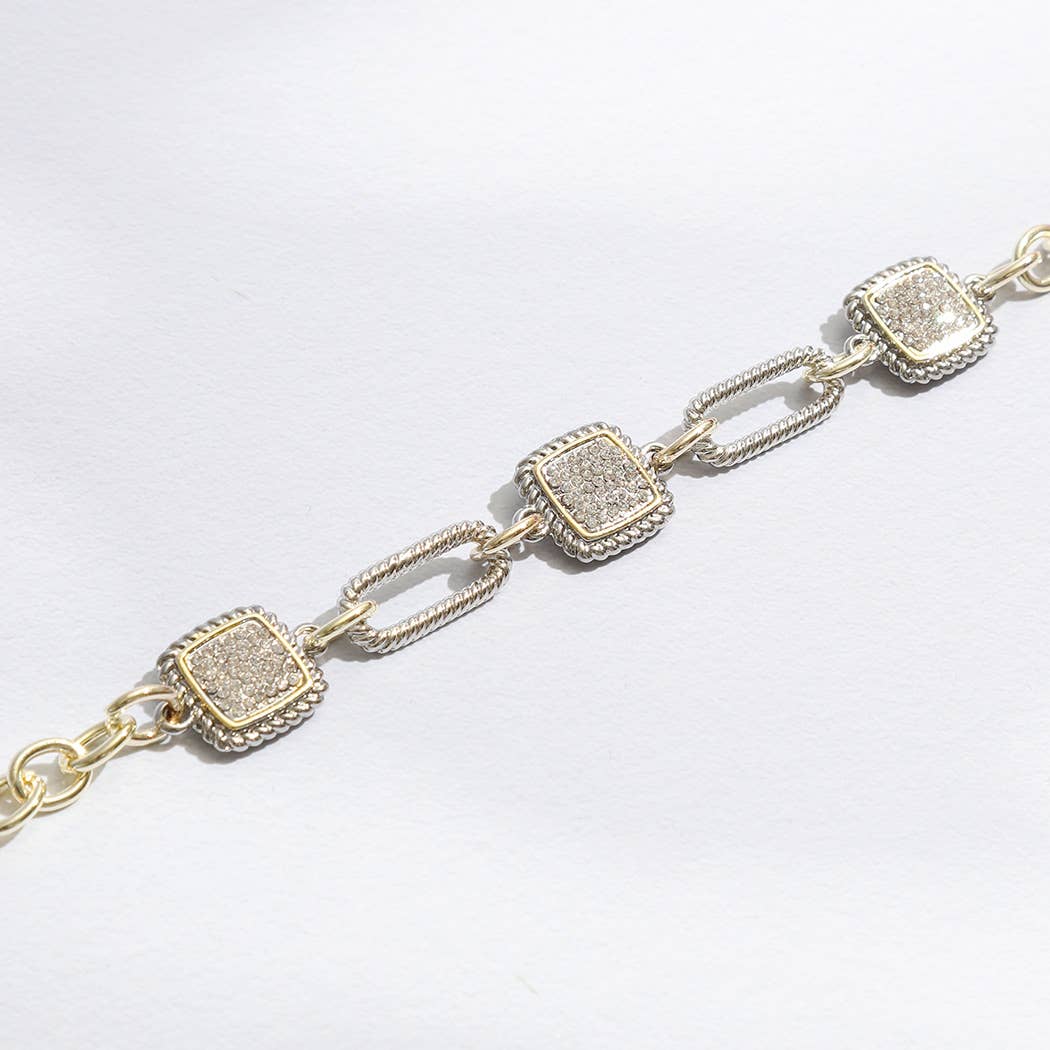 Mixes Chain and CZ Square Charms Toggle Bracelet