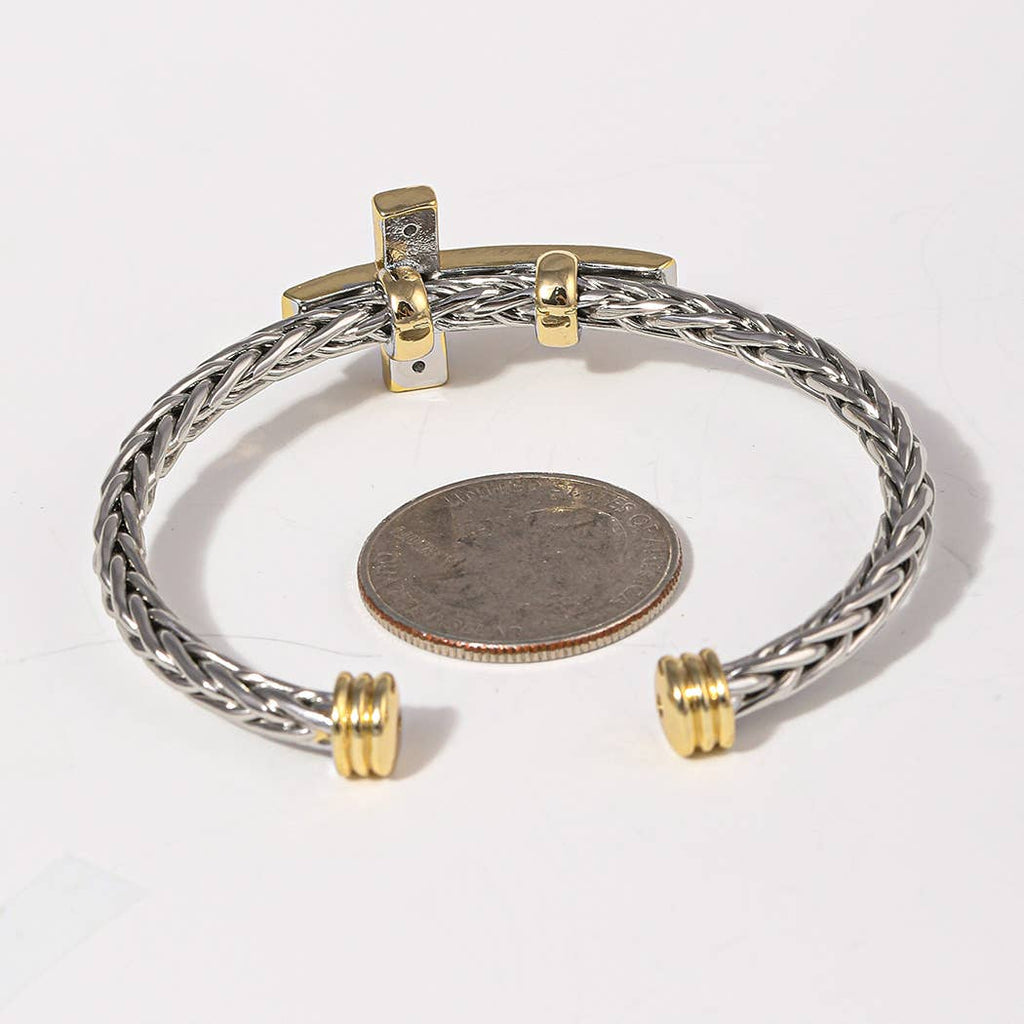 CZ Cross Design Two-Tone Braided Bangle Bracelet