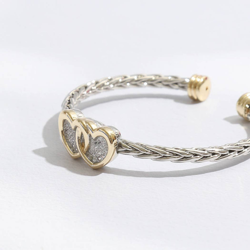 Two Heart Pave CZ Braided Bangle Bracelet