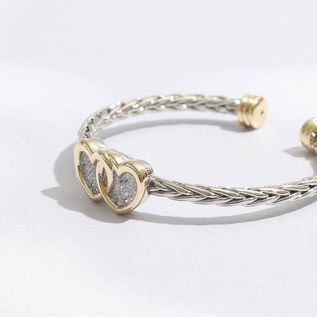 Two Heart Pave CZ Braided Bangle Bracelet