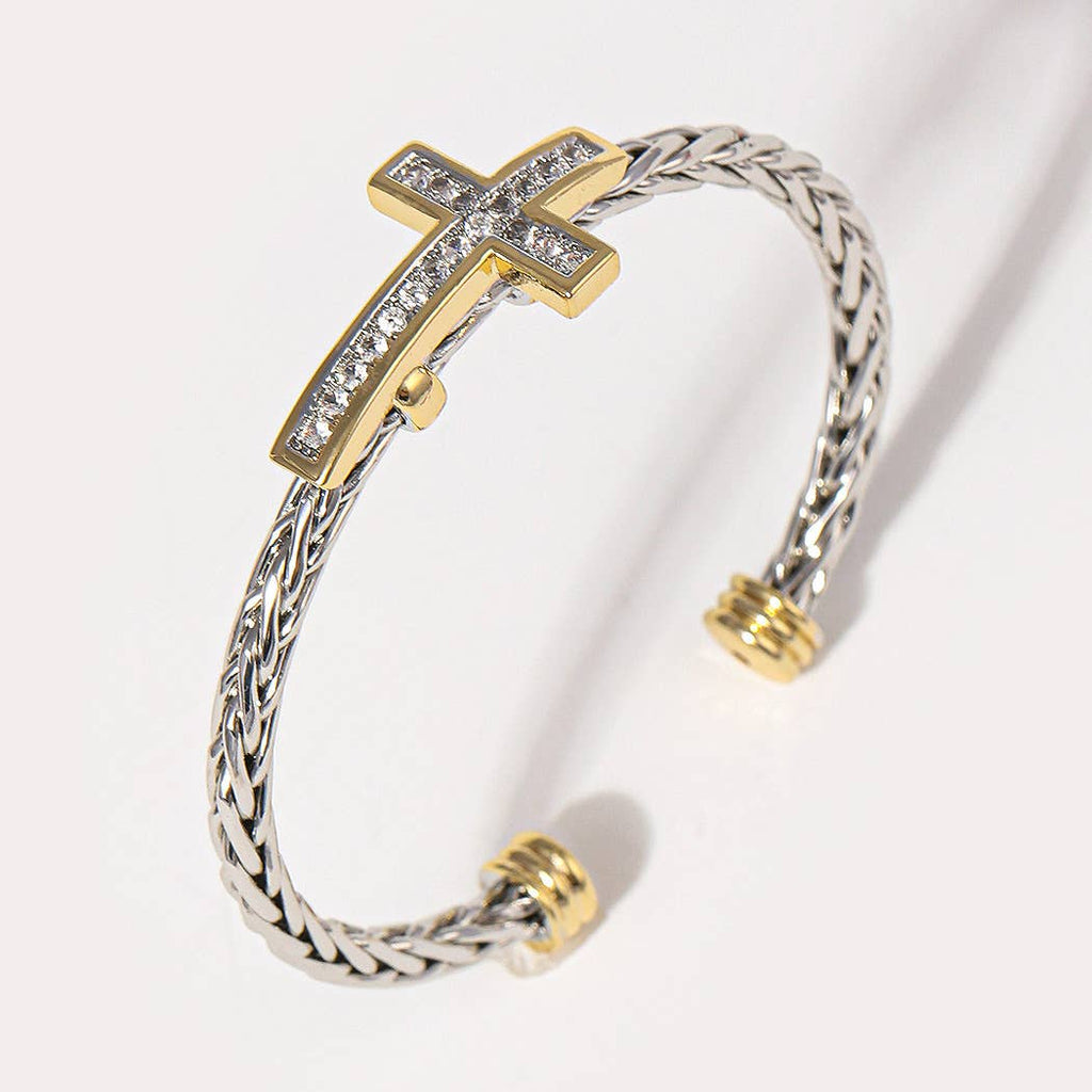 CZ Cross Design Two-Tone Braided Bangle Bracelet