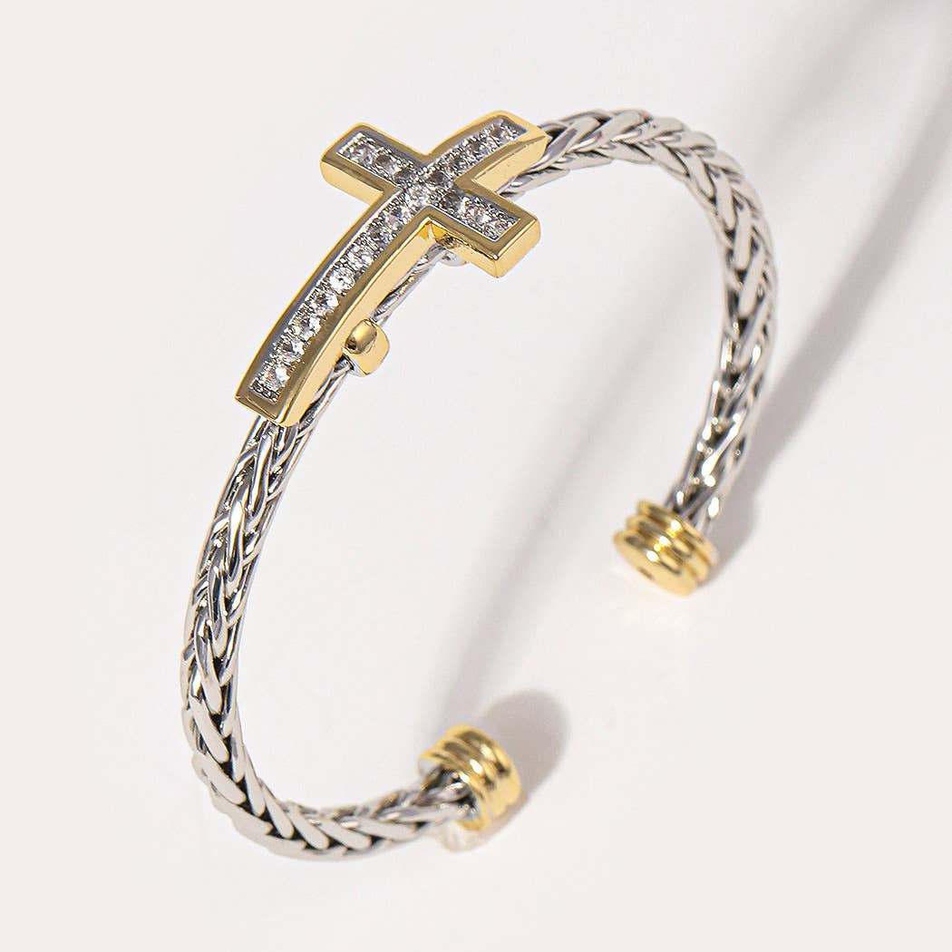 CZ Cross Design Two-Tone Braided Bangle Bracelet