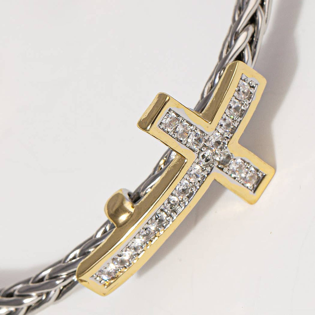 CZ Cross Design Two-Tone Braided Bangle Bracelet