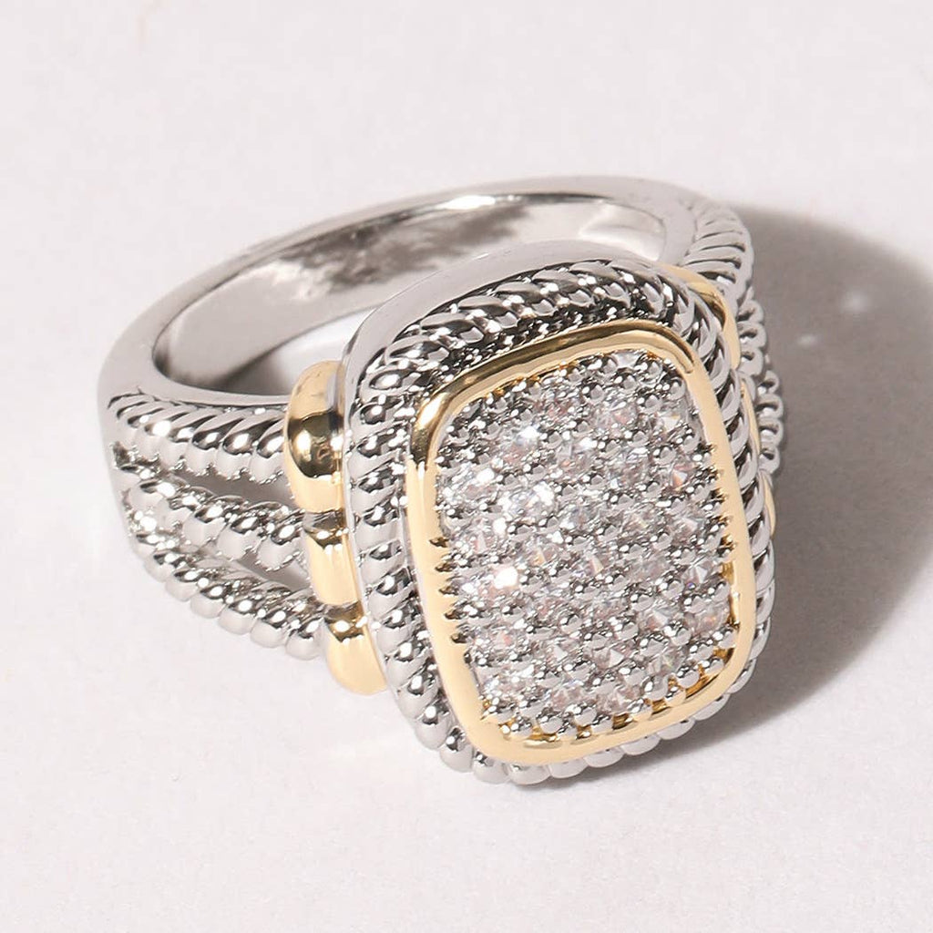 CZ Stone Micro Paved Two-Tone Square Ring