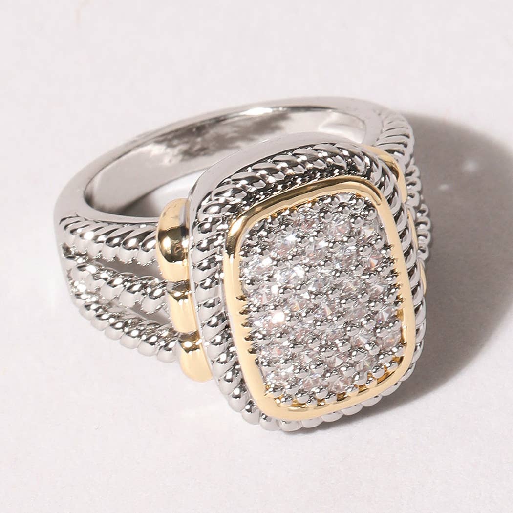 CZ Stone Micro Paved Two-Tone Square Ring
