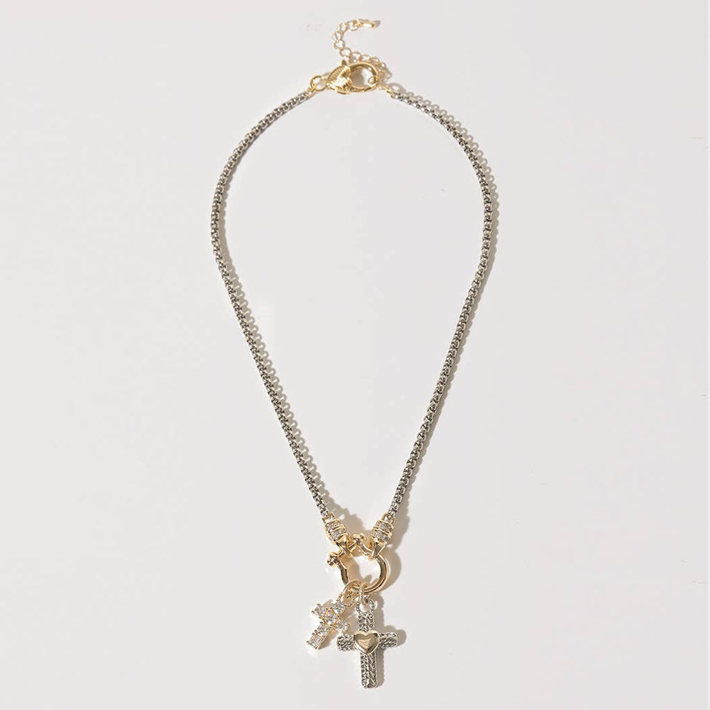 Double Cross CZ Pave Two-Tone Necklace