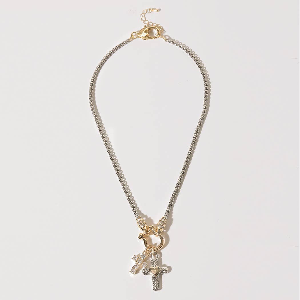 Double Cross CZ Pave Two-Tone Necklace